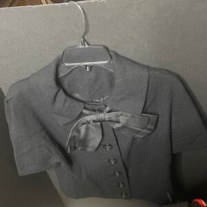 Vintage couture hand-sewn crepe cape sleeve jacket.Elegant, Black w/Bow Detail